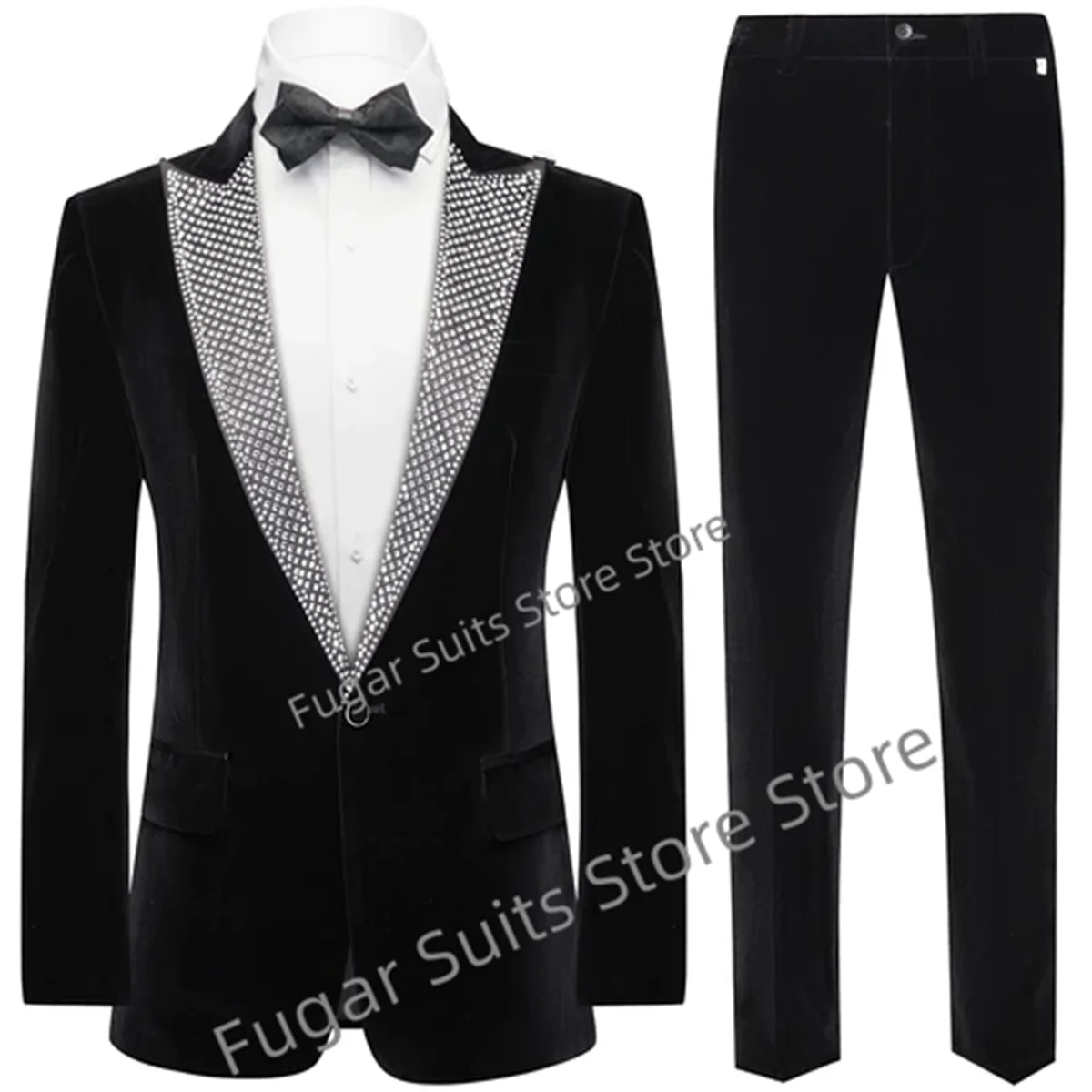 Luxury Rhinestone Velvet Black Elegant Suits For Men Slim Fit Peak Lapel Groom Tuxedos 2 Pcs Business Male Blazer Costume Homme