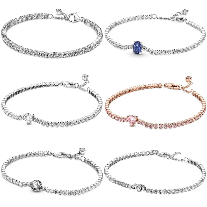 

New 925 Sterling Silver Sparkling Pink Clear & Blue Heart Halo Mouse Tennis Bracelet For Popular Bangle Bead Charm Diy Jewelry