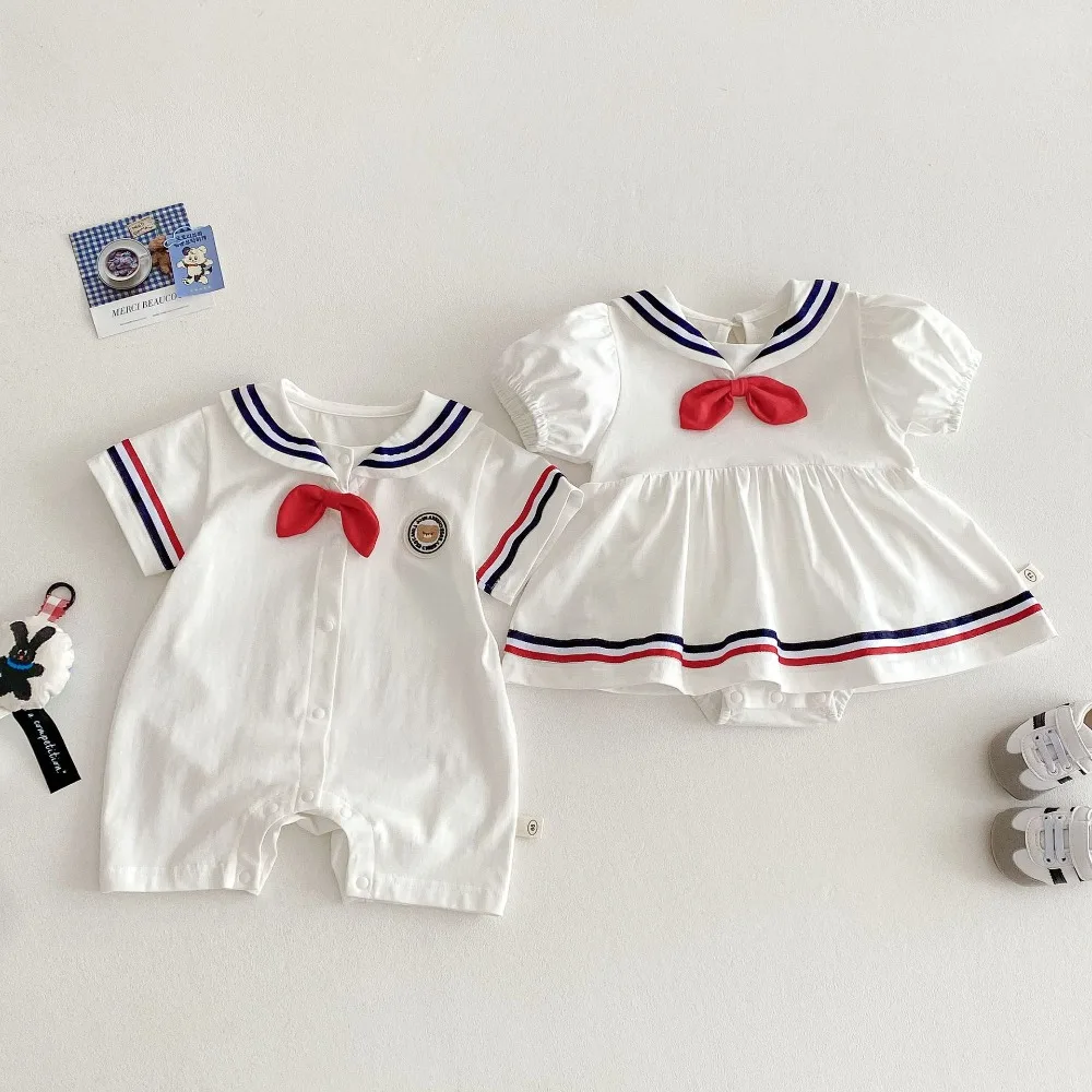 رومبير صيفي للأطفال لعام من عمر 0 إلى 2 سنة لحديثي الولادة بياقة كحلي بدلة قطعة واحدة للأولاد الرضع بأكمام قصيرة رومبير قطني ملابس خروج