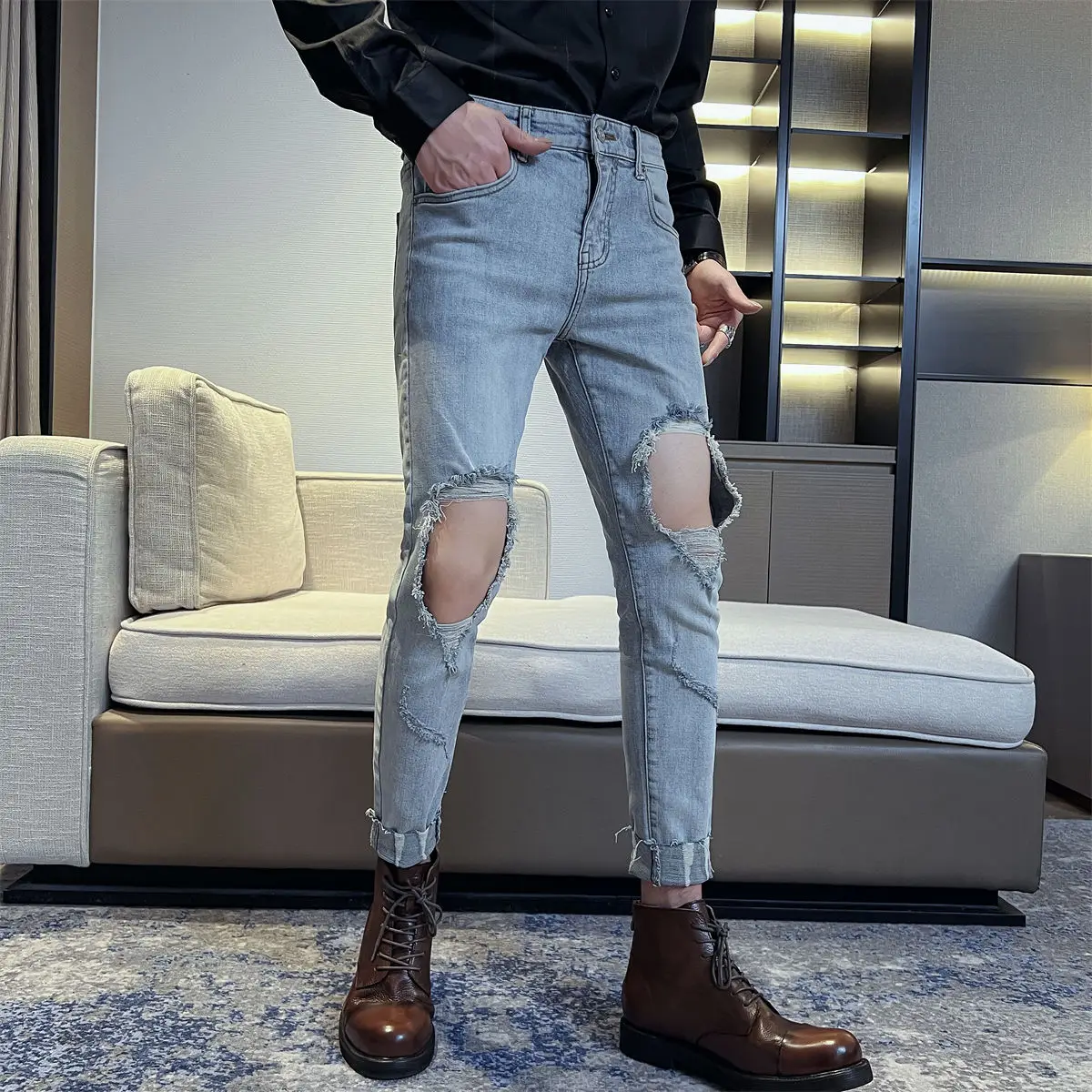 

Light Blue Big Broken-hole Jeans Slim Fit Boy Friend Style Korean Fashion Ripped Distressed Jeans Tight 2022 Trendy Products New