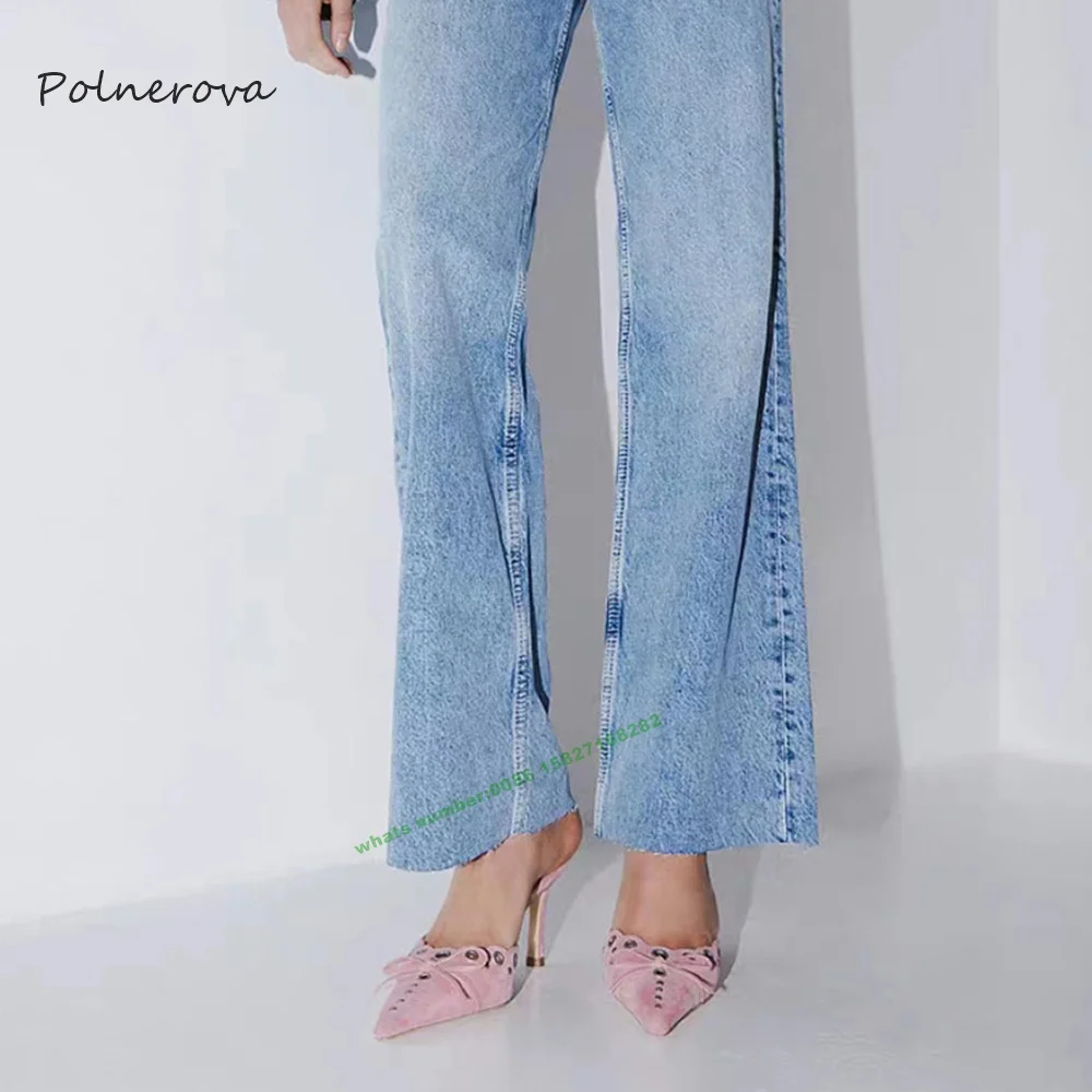 Pink Suede Pointed Toe Slippers Middle Heel Butterfly Knot Slippers Outside Dress Banquet Shoes for Women 2023 Summer Newest