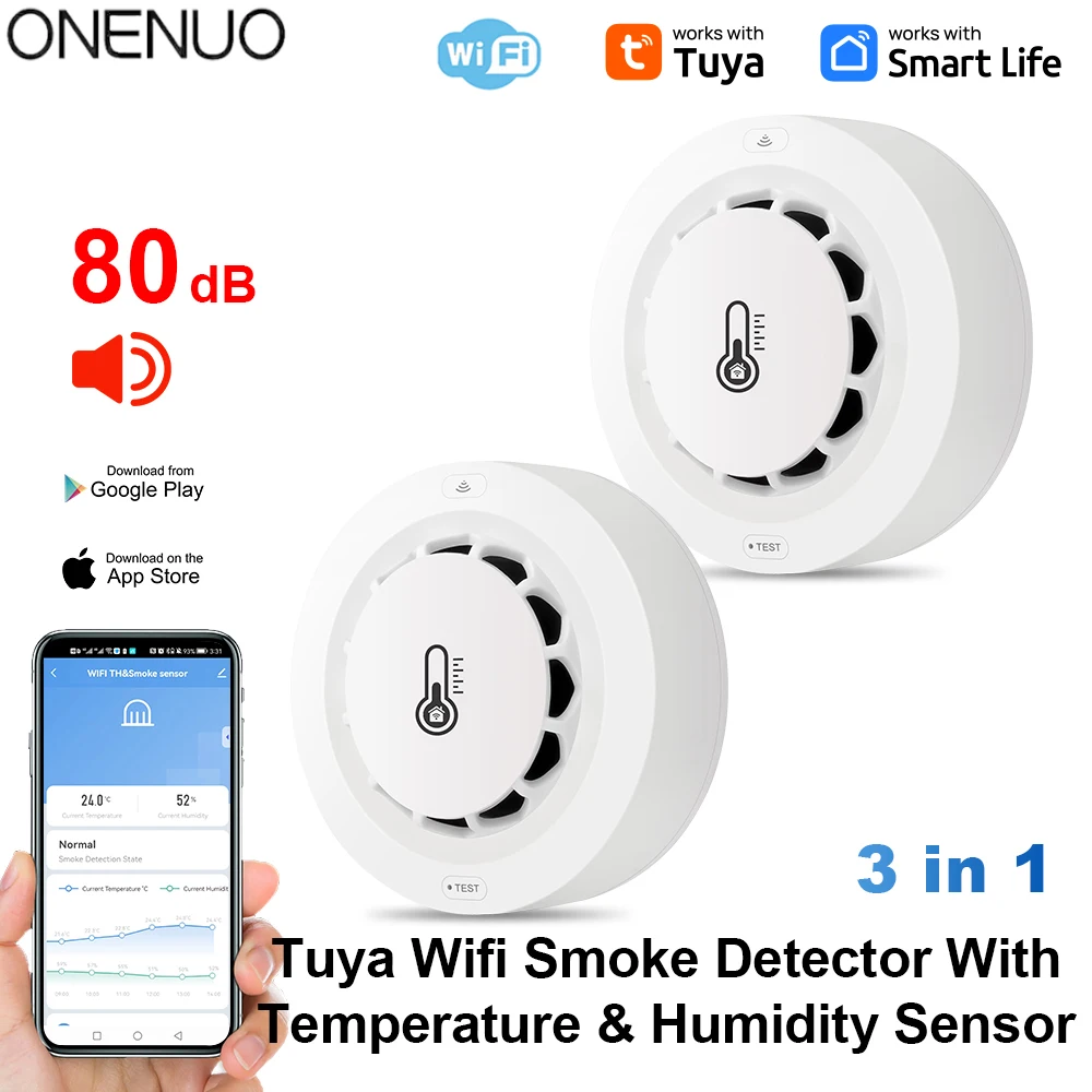 Tuya Wifi BT สองการเชื่อมต่อเครื่องตรวจจับควันอุณหภูมิความชื้นอุปกรณ์วัด 80dB เสียงปลุก Remote Push Alert ฟังก์ชั่น 1