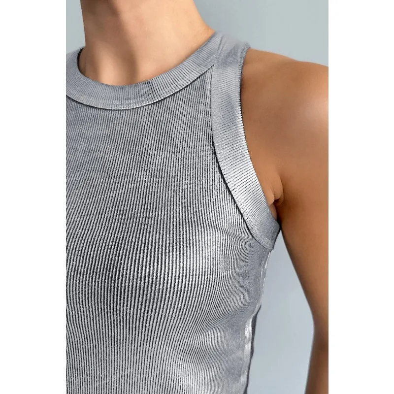 New Spring Women's Fashion Slim Silver Pullover Casual Knitted Tank Top Temperament Commuting Female Elegant Sleeveless T-shirt