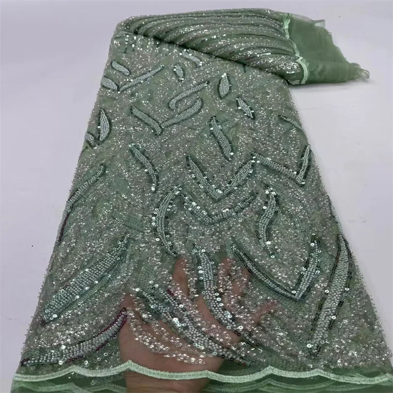 

Африканская кружевная ткань с блестками 2023, 5 ярдов, зеленая Высококачественная французская нигерийская кружевная ткань для жениха для шитья платья, свадебной вечеринки