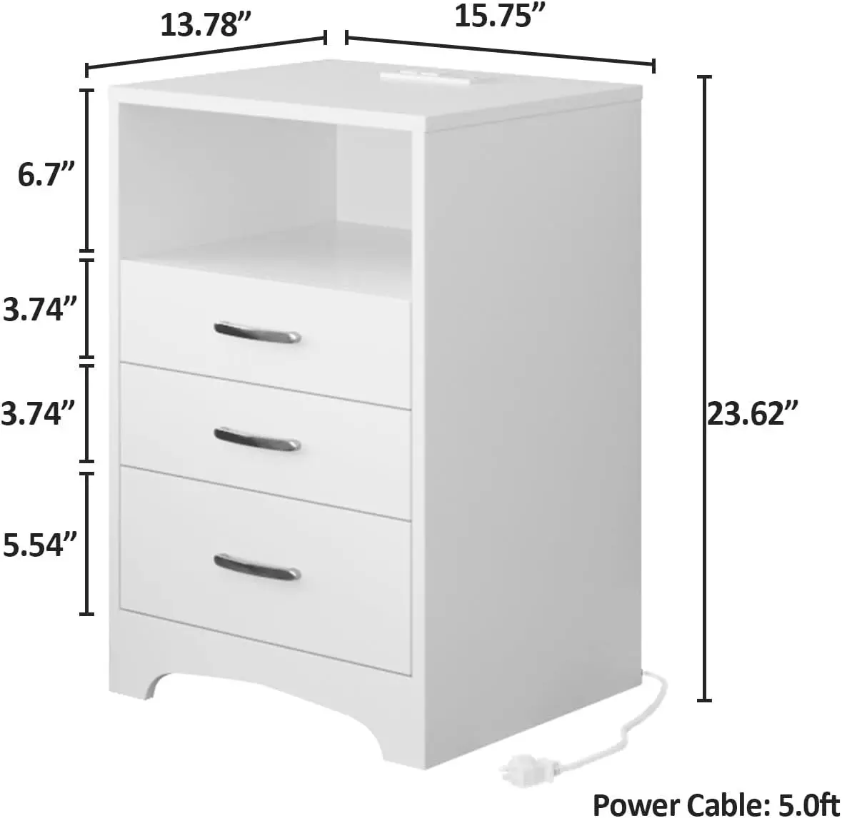 White Nightstand Set of 2 Nightstand with Charging Station, Modern End Side Table with 3 Drawer, Wooden Cabinet Stand by Sofa, B
