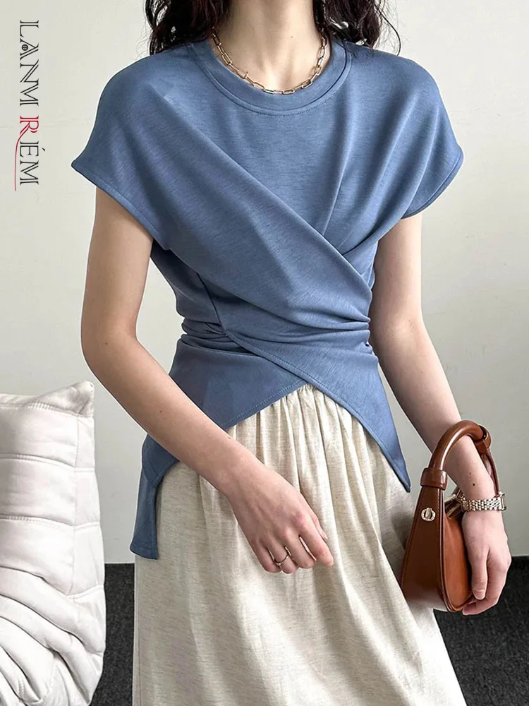 

[LANMREM] Bandage Gathered Waist T-shirt For Women Round Neck Short Sleeve Slim Office Lady Tops 2024 Summer New 26D9148