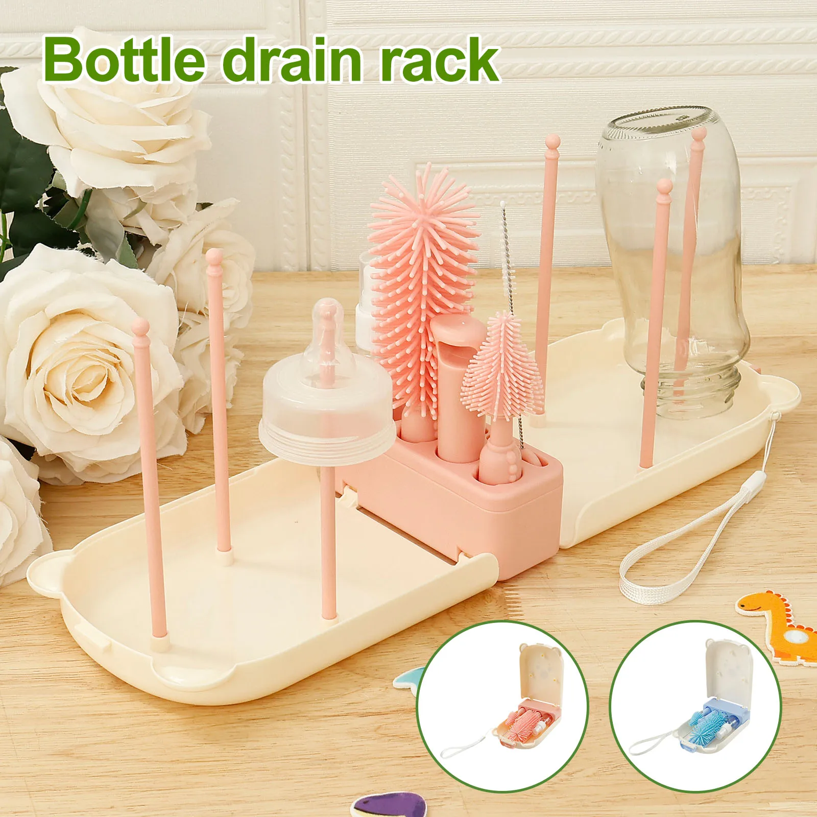 Bottle Brush Set Portable Baby Bottle Cleaner Kit Drying Rack with Silicone Nipple Brush Bottle Cleaning Tool for Home and Trave