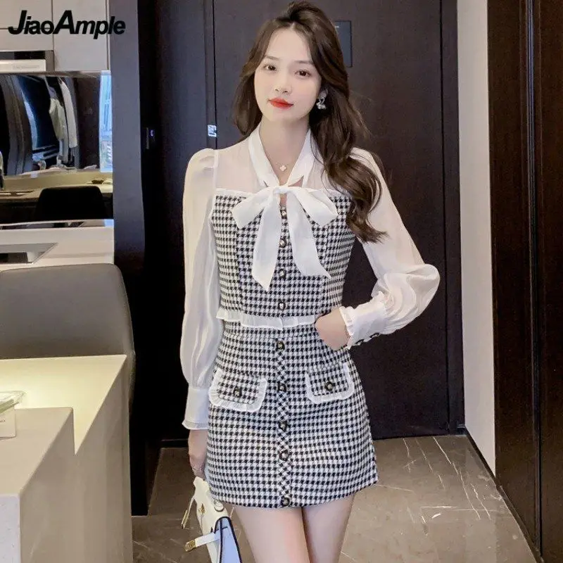 2023 Spring Autumn Korean Bowknot Shirts A-Line Skirts Two Piece Set Lady Graceful Slim Plaid Patchwork Tops Mini Skirt Outfits