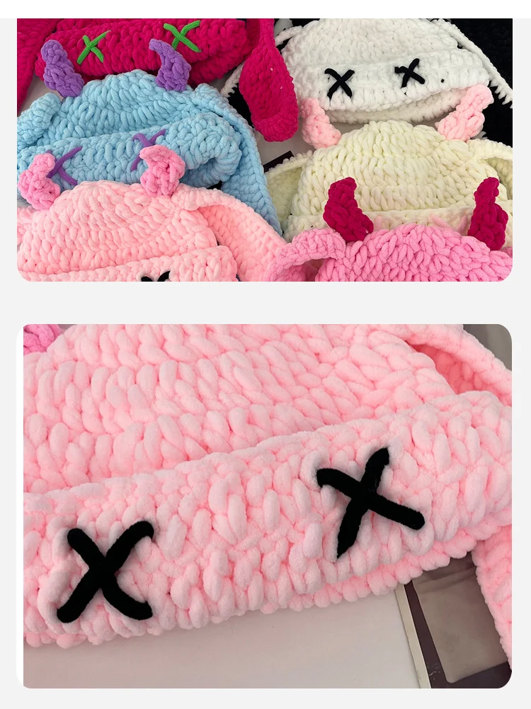Handgehäkelte Teufelshorn-Strickmütze, Modische Herbst- und Winter-Wollmütze, Dick und Warm, Weich im Griff, Langohr-Kaninchen-Design, Trendige und Einzigartige Beanie, eine Wahl für kaltes Wetter, Geeignet für Alltags-Outfits im Casual-Stil. – Detail 15