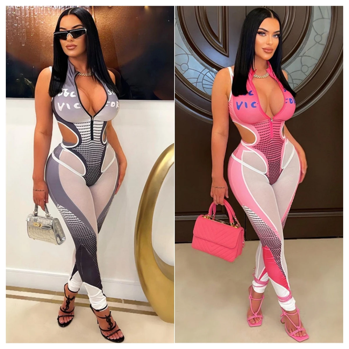 Women Sexy Slim Two Piece Set Tracksuits Zipper Sleeveless Hollow Out Bodysuits Top Sheer Mesh Patchwork Skinny Pants Jogger Sui mesh neddles awge zipper jacket sweatpant suit men women high quality embroidery butterfly stripes casual sportwear trackpant