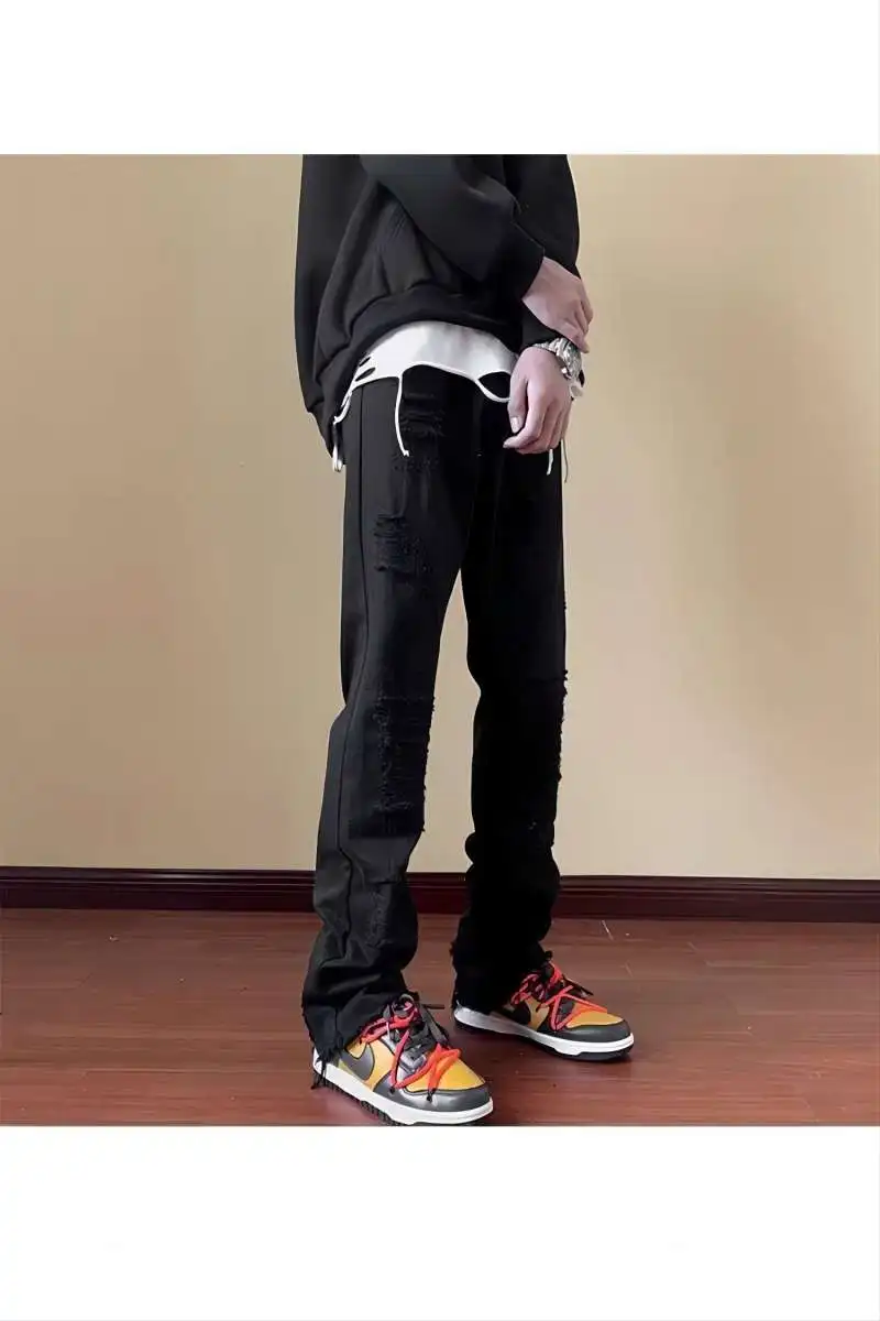 Jeans men's ripped pants American high street trendy slim fit versatile straight leg micro flared pants men 3