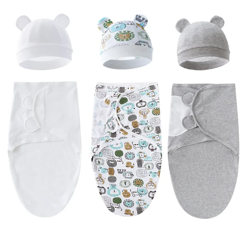 Swaddle Blanket Cotton Baby Swaddle Wrap Hat Set for Infant Adjustable Newborn 0-6 Month