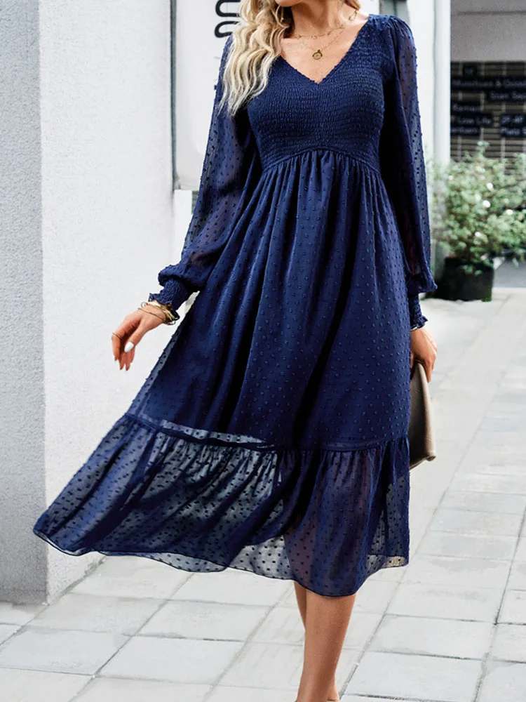 

Elegant See Through Dress Women Autumn Lantern Sleeve Jacquard Dress Female Vintage Casual Loose Holiday Long Dresses