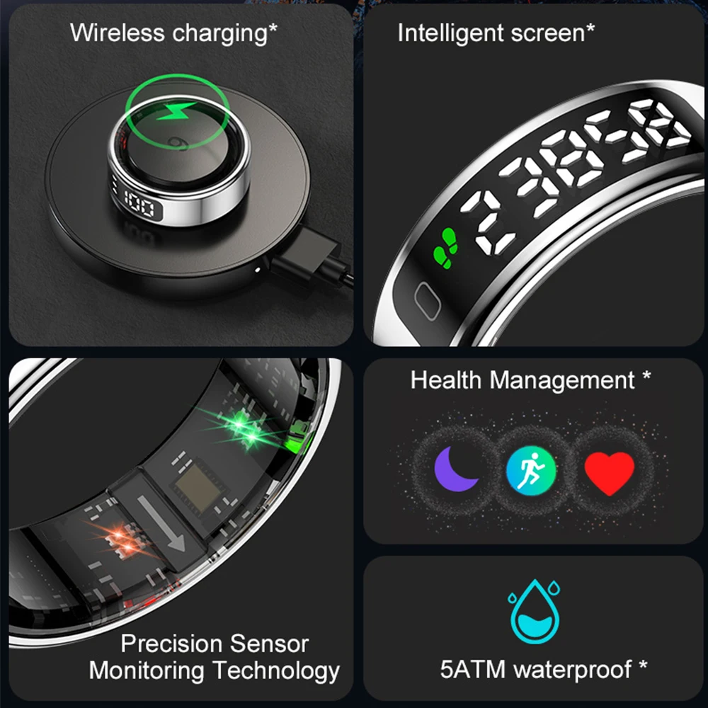 Smart Ring LED Display Screen Heart Rate Blood Oxygen Monitor Smartring Men Women Waterproof Multi Sports Modes Ring For Xiaomi