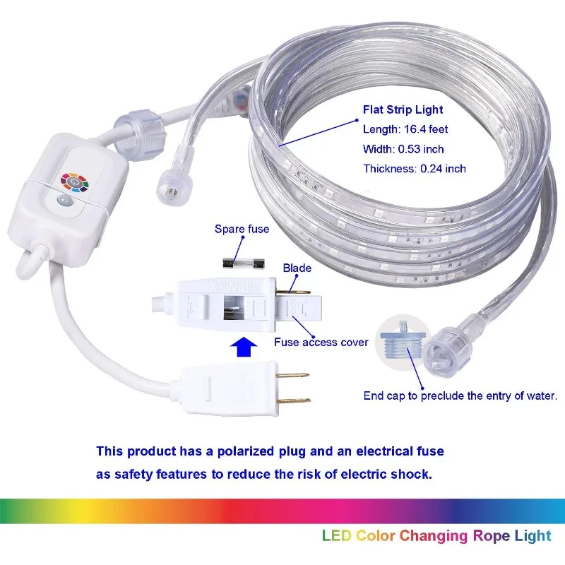 LED Rope Lights 16.4ft Flat Flexible RGB Strip Light Color Changing Waterproof For Indoor Outdoor Use Connectable