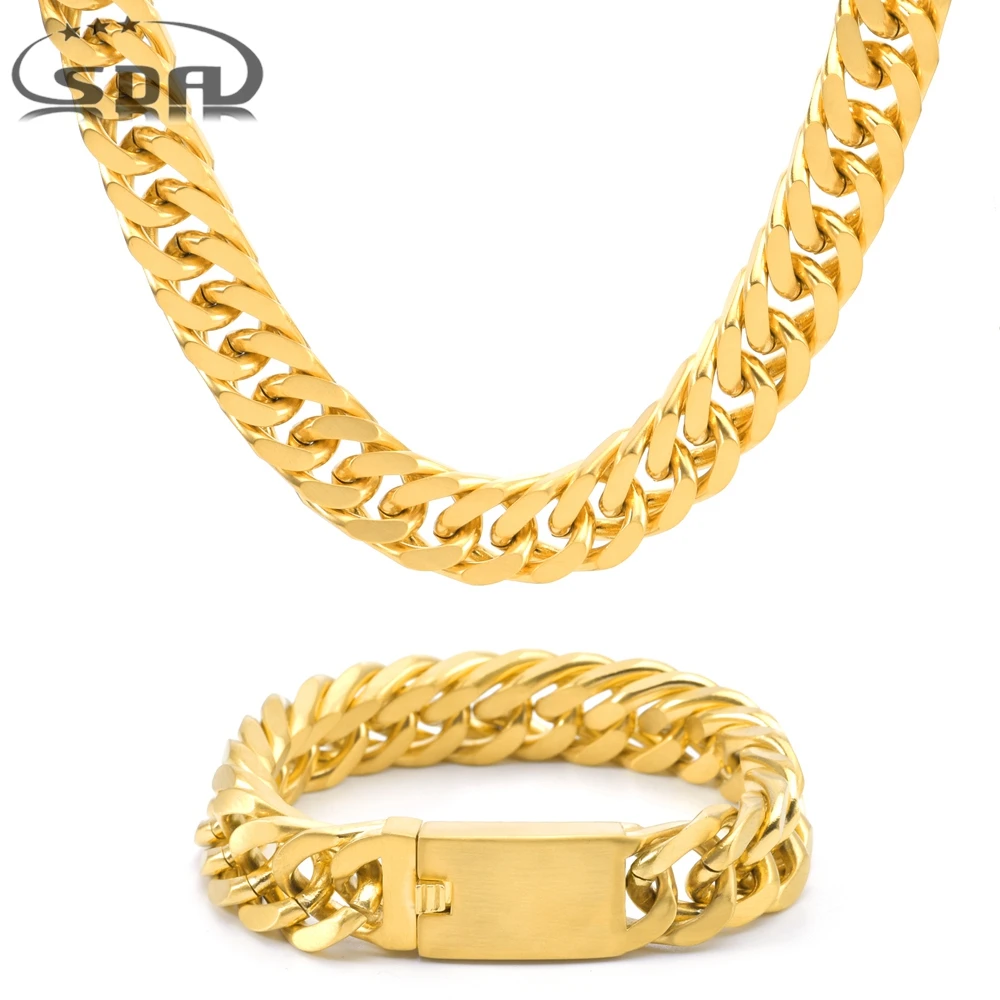 SDA 12MM 16MM Cuban Link Chain Bracelet Waterproof Jewelry Stainless Steel Necklace Trendy Style for Men or Women