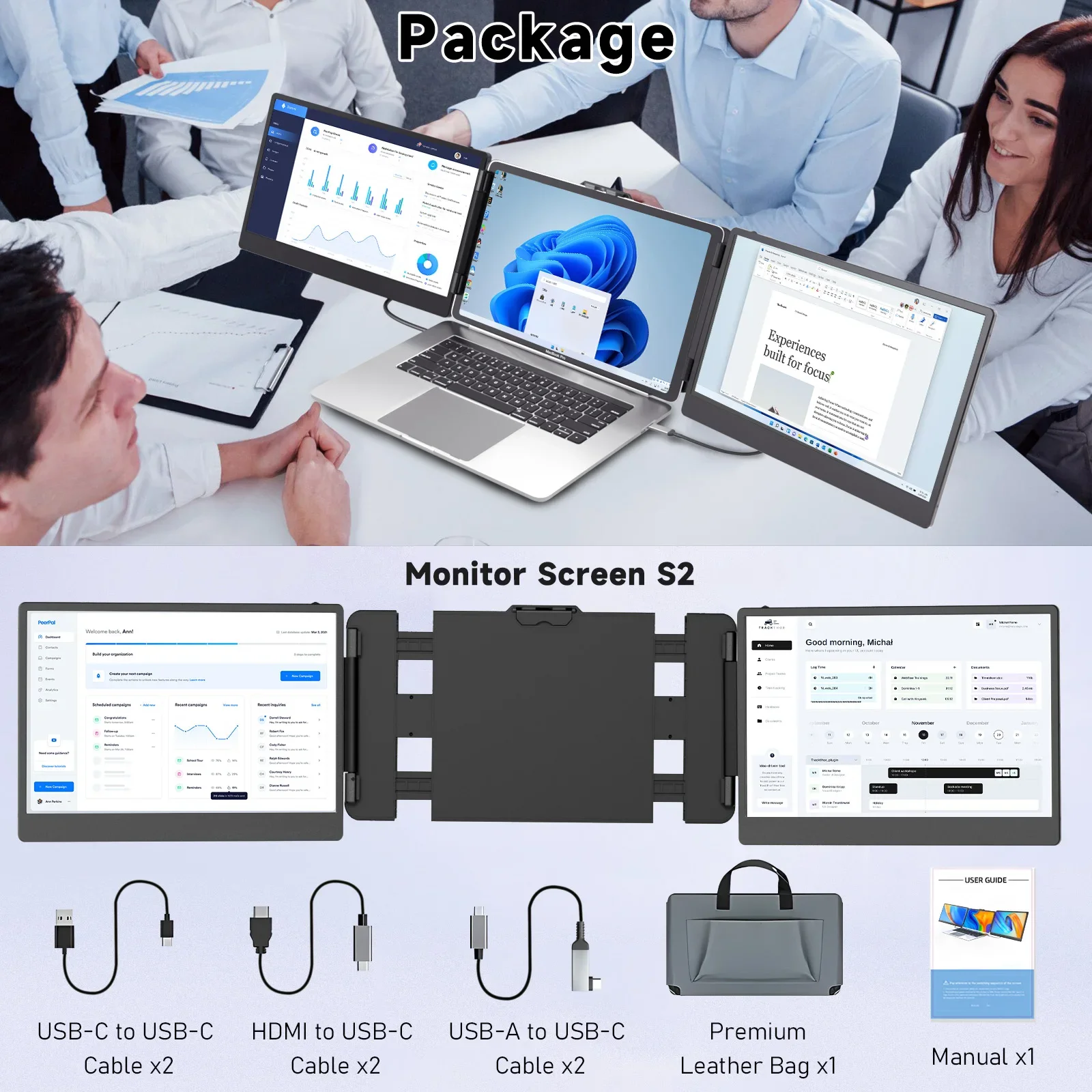 2026 OEM S2 트리플 휴대용 노트북 스크린 확장 모니터 14인치 FHD 1080P IPS 듀얼 스크린 휴대용 모니터 확장기