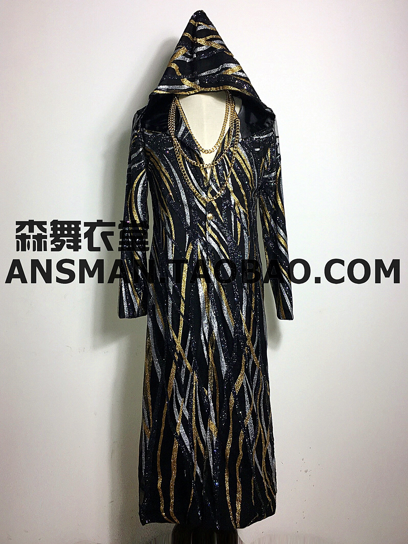

Luxury Clothes Men Hooded Long Coat Nightclub Male Singer Paragraph Super Flash Black Gold Cape Cloak Party Stage Show Costume