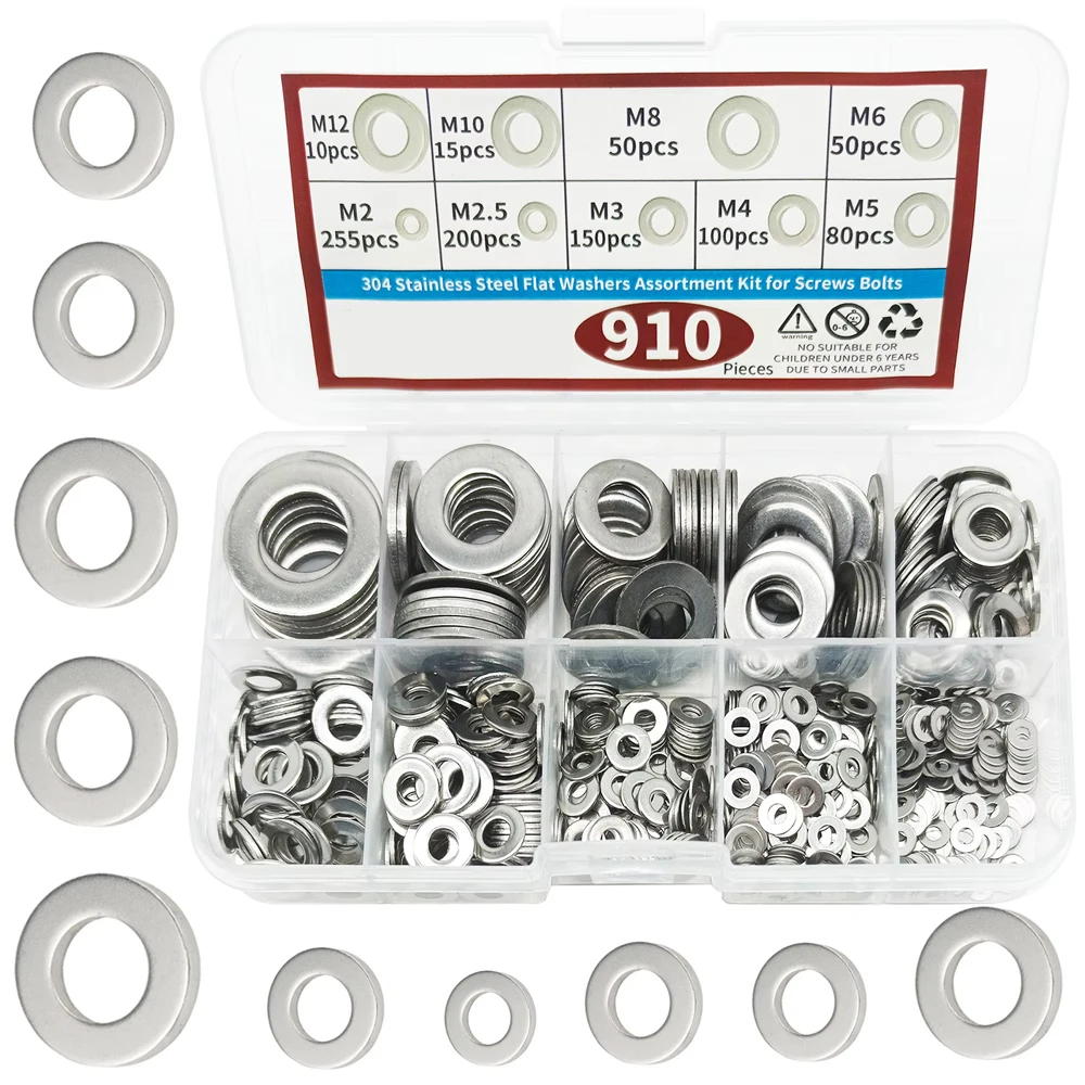 Stainless Steel Washers 910 Pieces 9 Sizes 304 (M2 M2.5 M3 M4 M5 M6 M8 M10 M12) for Home Decoration