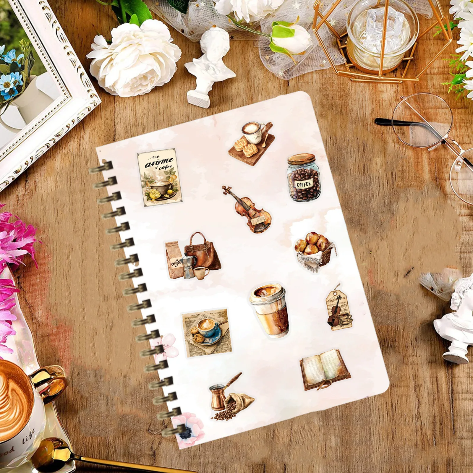 50Pcs 레트로 커피 투명 PET 스티커 노트북 전화 기타 스케이트 보드 컴퓨터 워터 컵 방수 데스크탑 장식