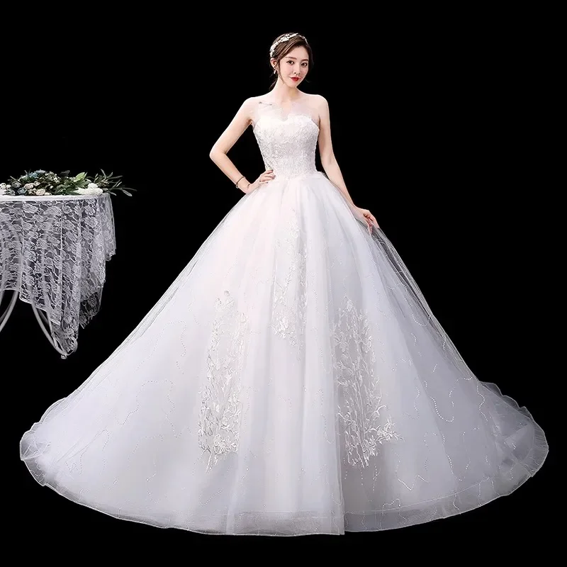 

Cheap Wedding Dresses White Tulle Appliques Bling Strapless Lace up Princess Trailing Plus size Simple Bride Ball Gowns XN022