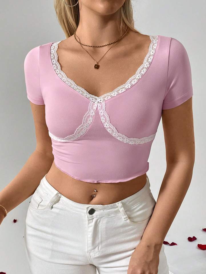 Lace Stitching V-neck Low Cut Carefully Machine Short Sleeve T-shirt Slim Short Base Top Spring and Summer Womens Wear