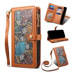 Stylish Crossbody Leather Wallet with Card Holder and Phone Case - Zippered Lanyard Flip Stand Cover - iPhone 13 Pro Max (Brown)