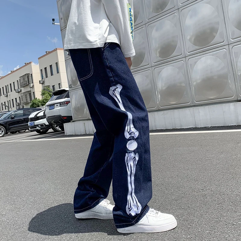 

Jeans Men Skeleton Baggy Casual Jean Pants Mens Japan Style Streetwear Wide Leg Denim Trousers Male Vintage Blue Denim Pants