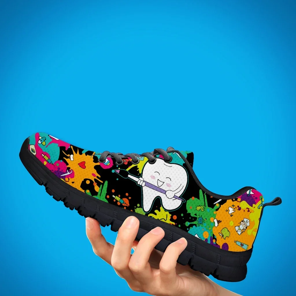Dental Footwear Tie Dye Painted Mesh Shoes Cartoon Teeth Print Walking Sneakers Women's Outdoor Tennis Footwear