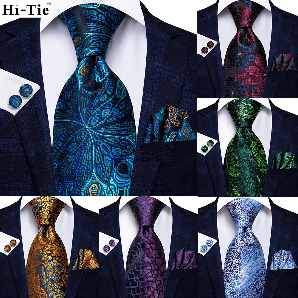 Neck Tie Hi-Tie Peacock Blue Novelty Design Silk Wedding Tie For Men Hanky Cufflinks Gift Mens Necktie Set Business Party