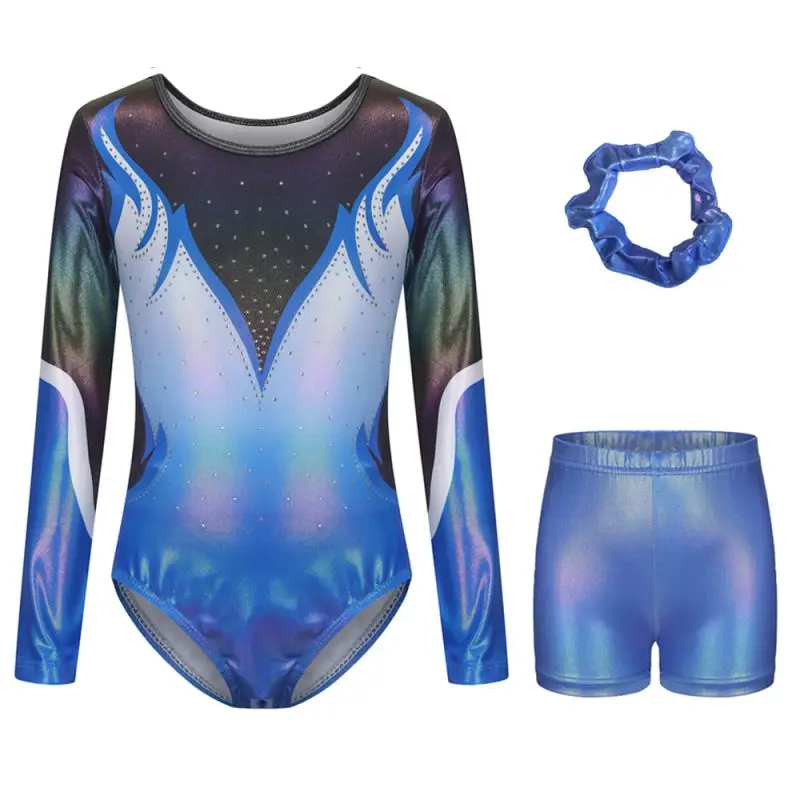 Kids Girls Gymnastics Leotard Ballet Dance Bodysuits With Shorts And Hairband Set Workout Figure Skating Long Sleeve Outfits