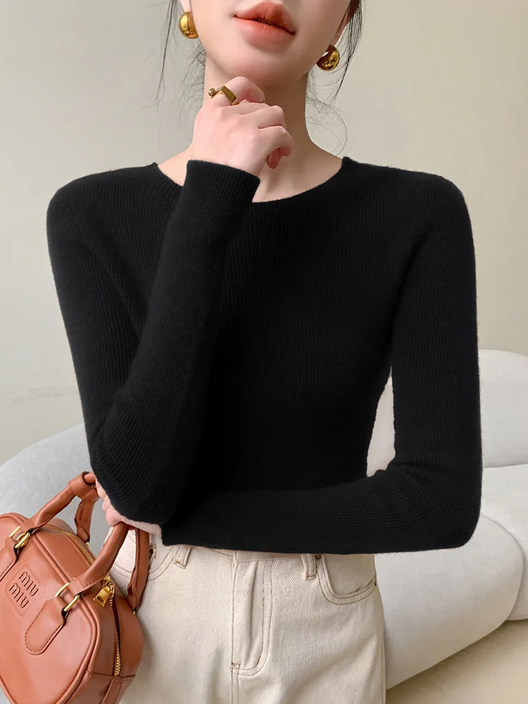 Spring and autumn women's sweater solid color 100% merino wool women's O-neck knit pullover slim soft sexy long sleeve top