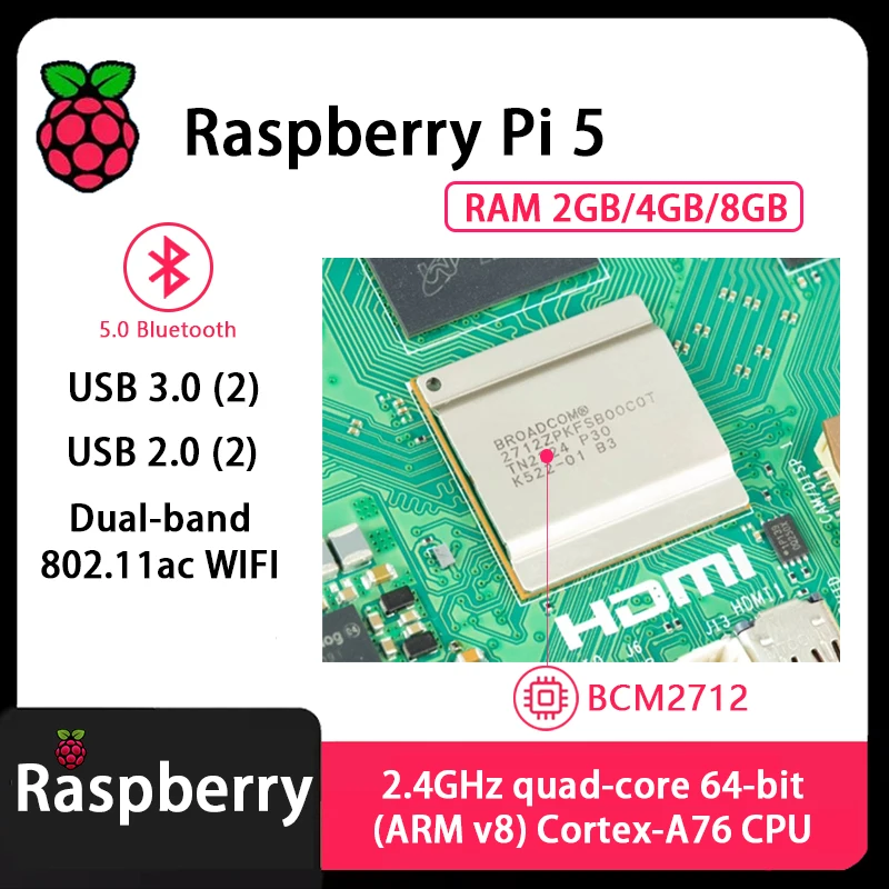 Raspberry Pi 5 Cortex-A76 Linux 2GB 4GB 8GB Arm Board Python programlama PCIe Gigabit Ethernet USB3.0