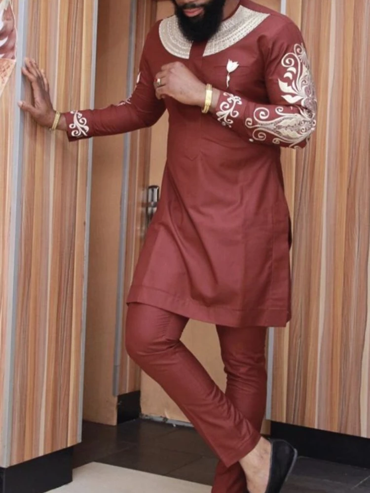 Men's casual wine red print two-piece suit