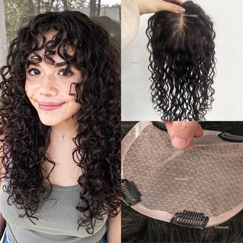 Curly Wave Human Hair Topper with Clips in 18x20cm Silk Base Toupee for Women Full Hand Tied Remy Human Hair Extra Lace Front
