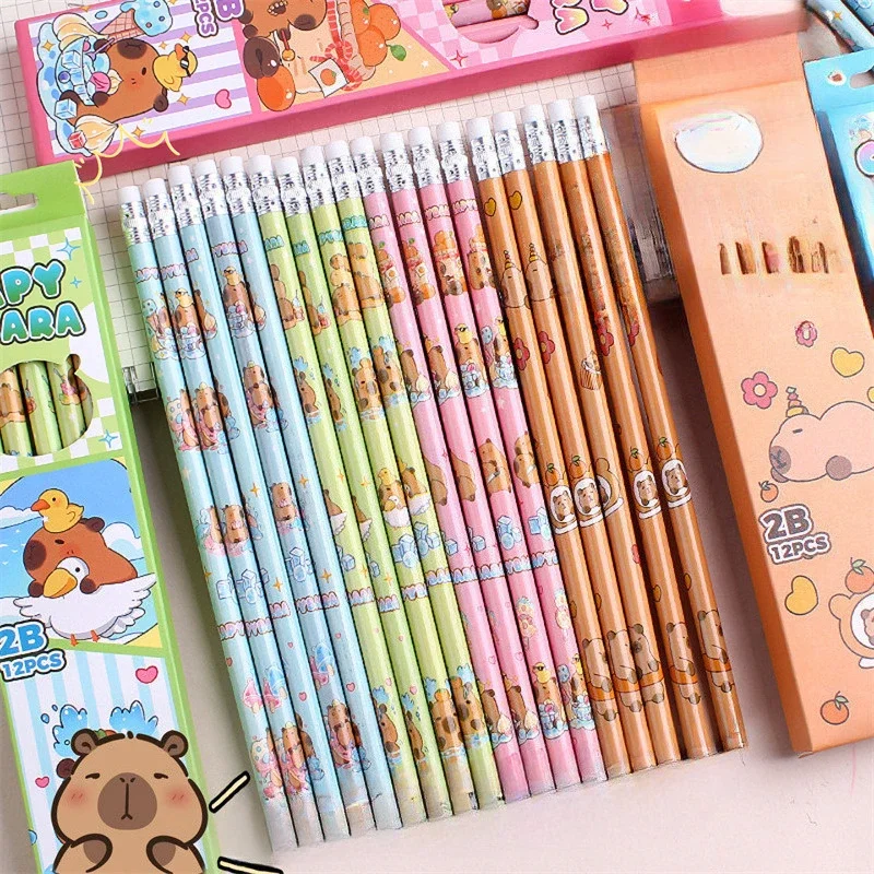 12 قطعة/المجموعة لطيف الكرتون كابيبارا 2B ممحاة قلم رصاص خشبي Kawaii HB قلم رصاص رسم القلم رسم أطفال طلاب المدارس القرطاسية