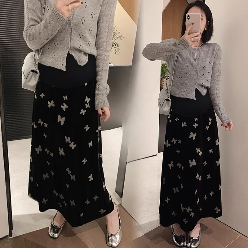 french style maternity autumn winter skirt vintage pregnant woman straight skirts with butterfly black pregnancy velour skirts