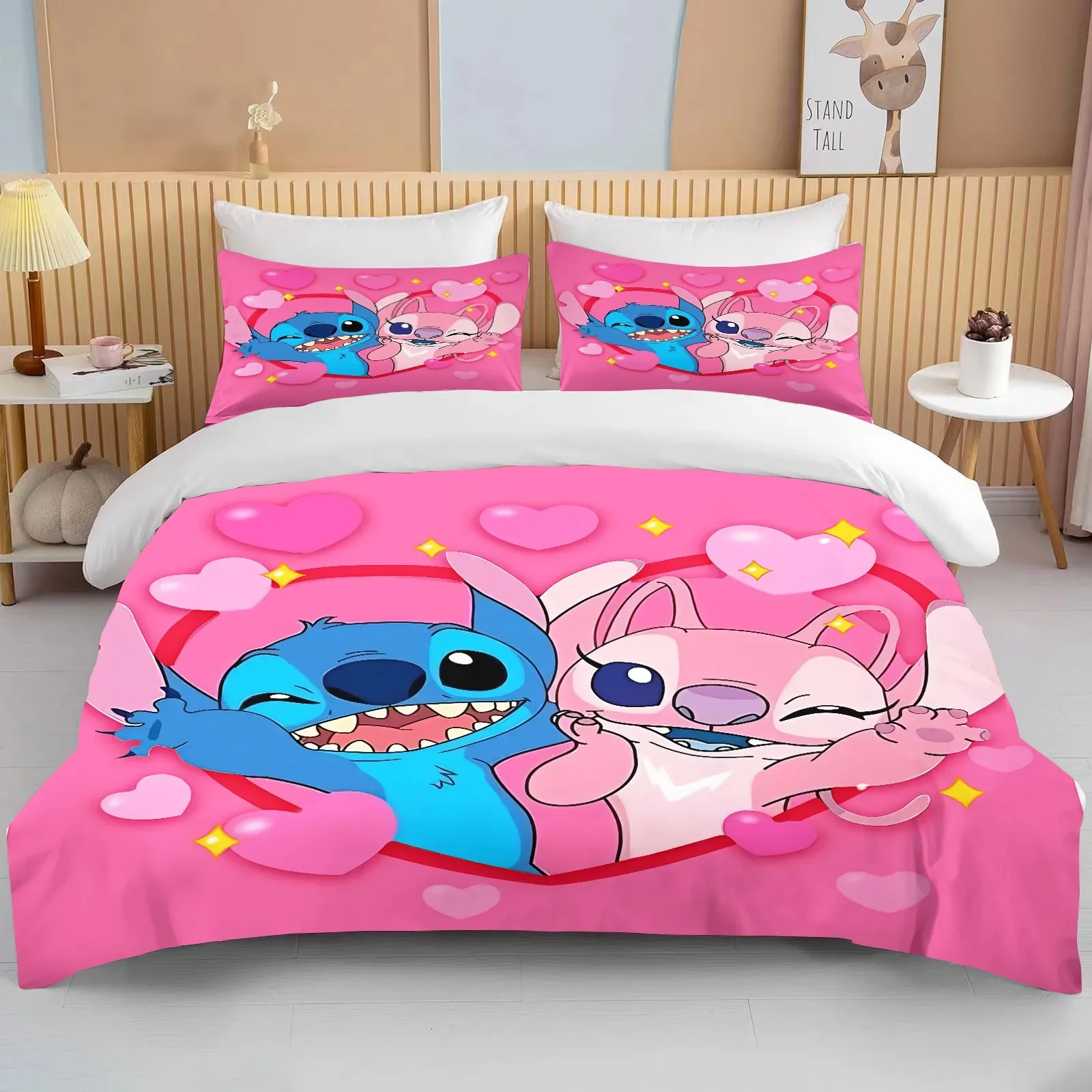 Disney Stitch and Angel Printed Bedding Set Duvet Cover Anime Quilt Adult Kids Birthday Gift Full Size Comforter Bedding Sets