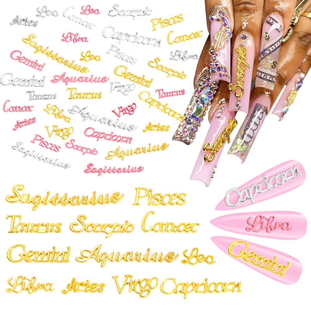 

12 Constellation Letters Nail Charms Alloy Gold Silver Pink Constellation 3D Rhinestones Gem For DIY Manicure Accessories