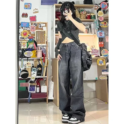 여성용 빈티지 스트리트웨어 블랙 헐렁한 한국 청바지, 하이 웨이스트 오버사이즈 와이드 레그 팬츠, 그런지 데님 바지, Y2K Alt 의류 3
