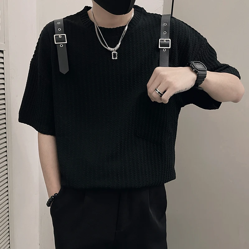 

Fashion Strap Decoration T-shirt for Men Summer Short Sleeve Loose Casual Tshirts Ice Silk Breathable Round Neck Tee Tops 2023