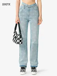 SMFK Printing Women's Jean High Waist Baggy Denim Pant Wide Leg Straight Jeans Female Casual Trouser Loose Mom Denim Pants