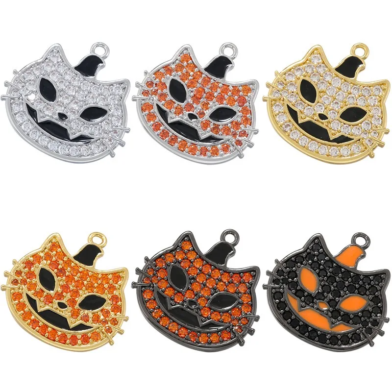 

3 Pcs Funny Inlaid Color Zircon Ghost Cat Pendant Handmade Jewelry Accessories DIY Pumpkin Cat Head Halloween Enamel Charms