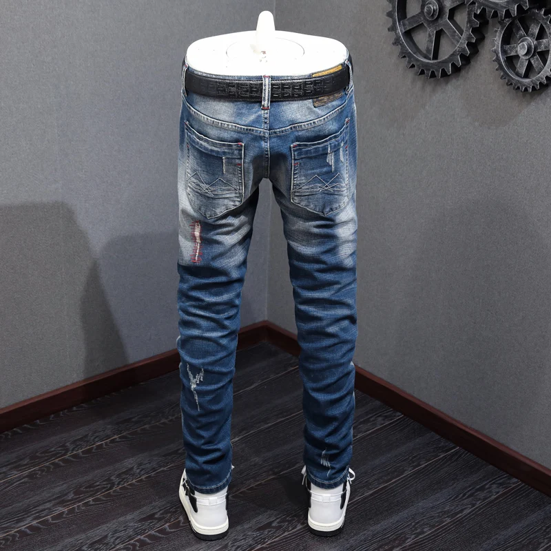 High Street Fashion Men Jeans Retro Blue Elastic Slim Fit Embroidery Patched Vintage Ripped Jeans Men Hip Hop Denim Pants Hombre