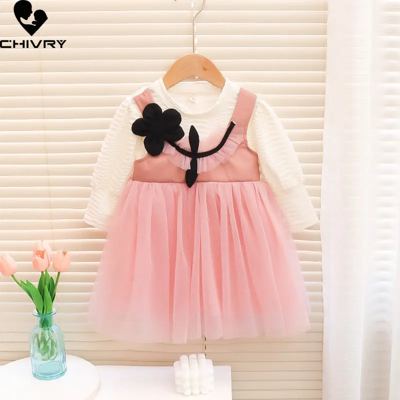 

Girls Party Dress New 2023 Spring Summer Baby Girl Sweet Flower Lace Gauze Long Sleeve Princess Dresses Kids Fashion Clothes