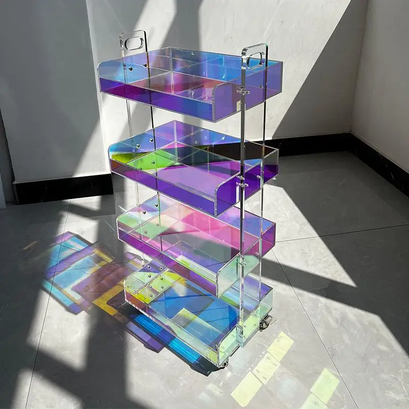 

3/4 Layers Laser Acrylic Trolley Storage Rack Cosmetics Snack Shelf Organizer Floor Bathroom Rack Movable with Wheels