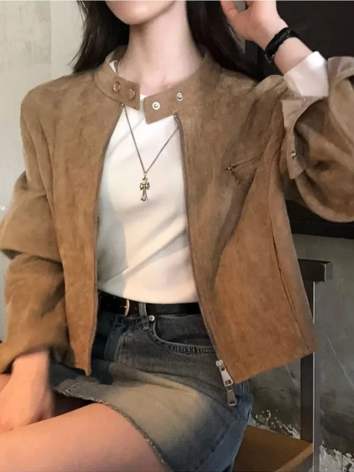 Women's Short Biker Jacket Outerwear Winter 2024 New Retro High-End Zipper Long Sleeve Top Comfortable Fit Fashionable Design - 3