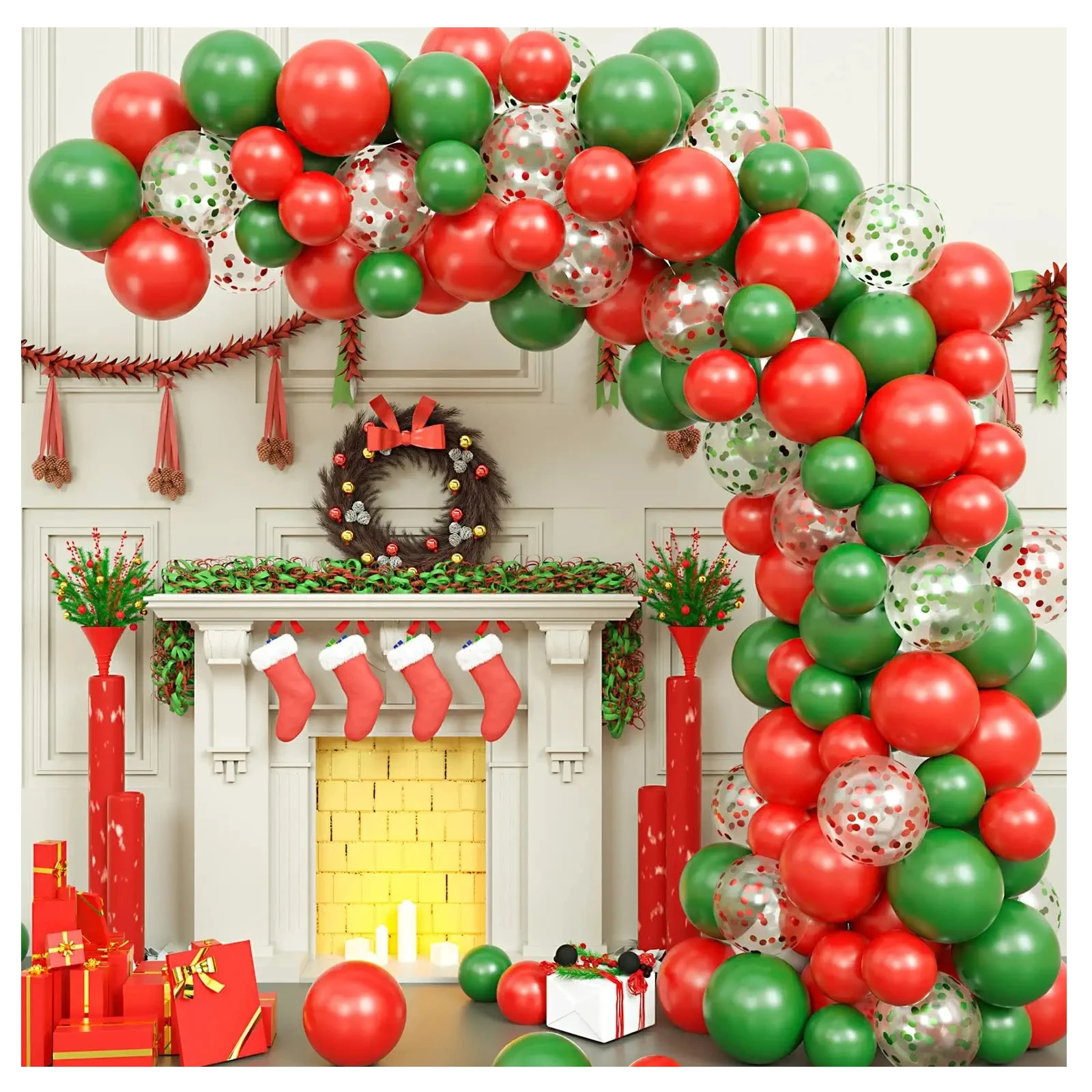 

92 шт., красно-зеленые конфетти, рождественские латексные воздушные шары, гирлянда, рождественские украшения, товары для новогодних праздников и вечеринок