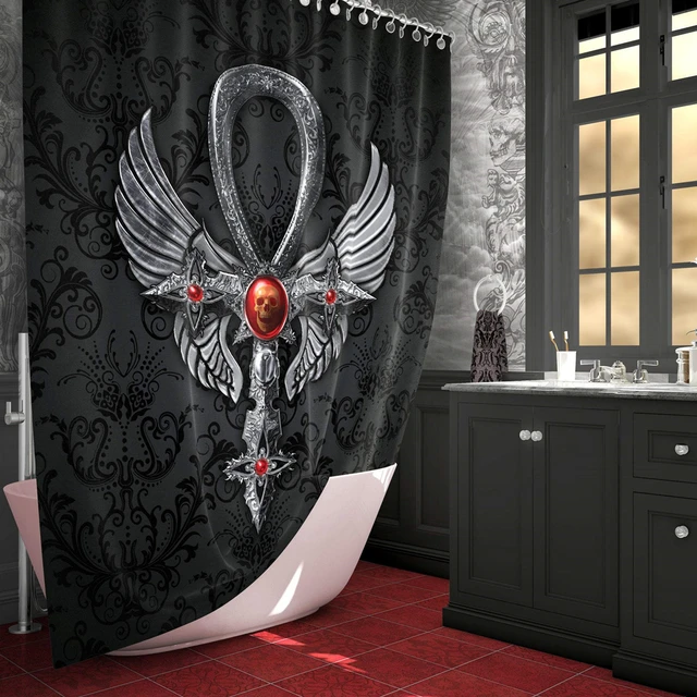 Goth Shower Curtain,Dark Ankh Gothic Occult Egyptian Cross Skull Skeleton Bathroom  Curtains,Waterproof Fabric Bathtub