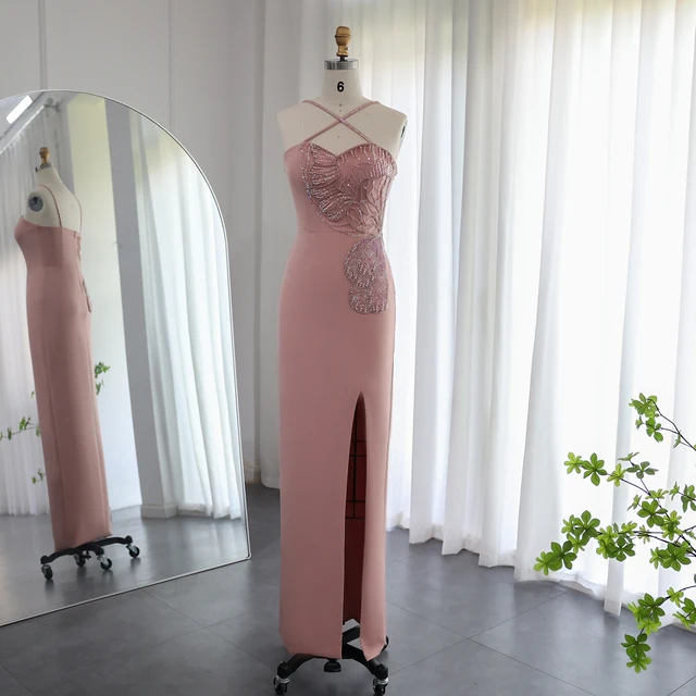Arabic Crisscross Straps Pink Evening Dress 2024 Luxury Butterfly Beaded Slit Dubai Women Wedding Party Gowns 476 1
